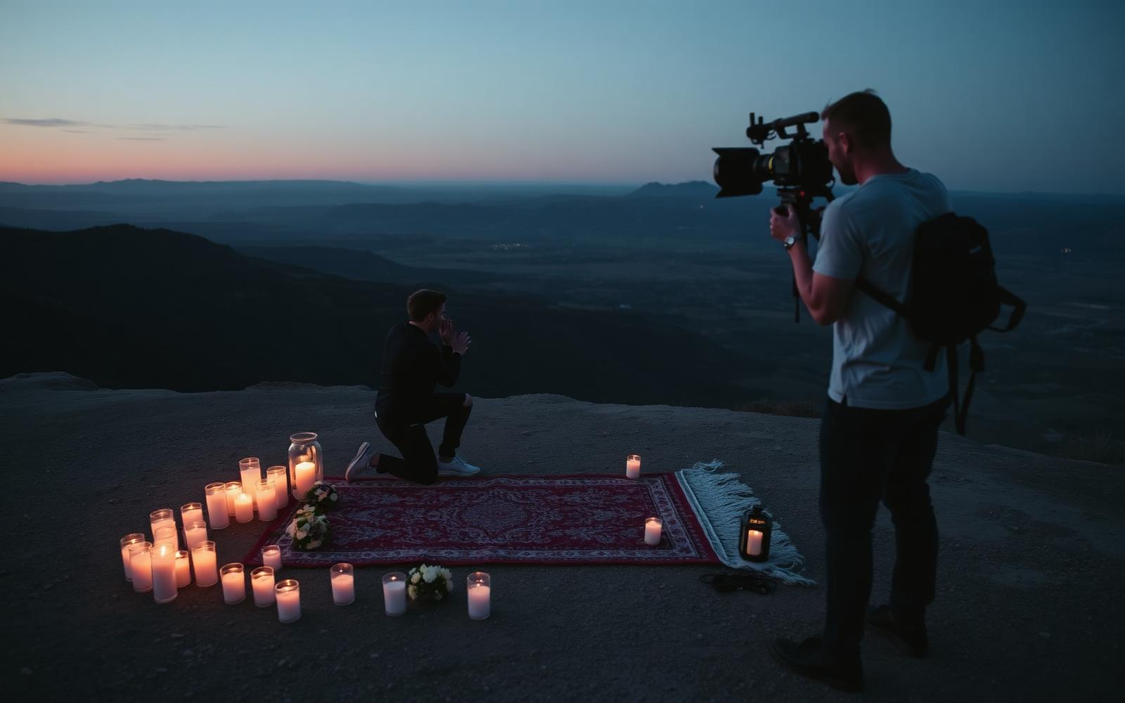 A proposal setup at dusk with a hidden camera operator filming from the side